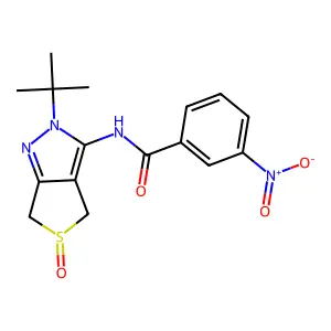 N-(2-(tert-butyl)-5-oxido-4,6-dihydro-2H-thieno[3,4-c]pyrazol-3-yl)-3-nitrobenzamide structure