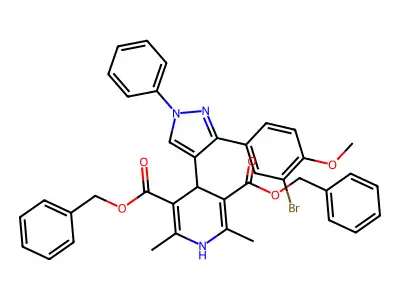 3,5-Pyridinedicarboxylic acid, 4-[3-(3-bromo-4-methoxyphenyl)-1-phenyl-1H-pyrazol-4-yl]-1,4-dihydro-2,6-dimethyl-, 3,5-bis(phenylmethyl) ester structure