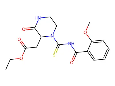 Ethyl 2-[1-[(2-methoxybenzoyl)carbamothioyl]-3-oxopiperazin-2-yl]acetate structure