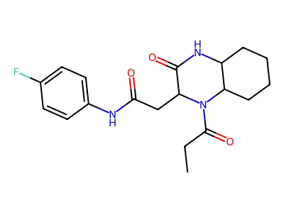 N-(4-fluorophenyl)-2-(3-oxo-1-propanoyldecahydroquinoxalin-2-yl)acetamide structure