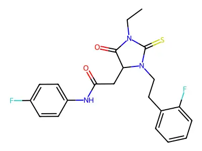 2-[1-ethyl-3-[2-(2-fluorophenyl)ethyl]-5-oxo-2-sulfanylideneimidazolidin-4-yl]-N-(4-fluorophenyl)acetamide structure