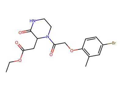 Ethyl {1-[(4-bromo-2-methylphenoxy)acetyl]-3-oxo-2-piperazinyl}acetate structure