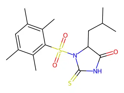 5-Isobutyl-1-((2,3,5,6-tetramethylphenyl)sulfonyl)-2-thioxoimidazolidin-4-one structure