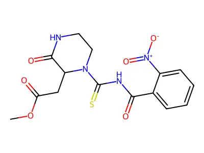 Methyl (1-{[(2-nitrobenzoyl)amino]carbonothioyl}-3-oxo-2-piperazinyl)acetate structure