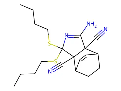 3-amino-1,1-bis(butylsulfanyl)-4,7-dihydro-1H-4,7-ethanoisoindole-3a,7a-dicarbonitrile structure