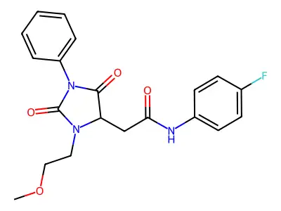 N-(4-fluorophenyl)-2-[3-(2-methoxyethyl)-2,5-dioxo-1-phenylimidazolidin-4-yl]acetamide structure