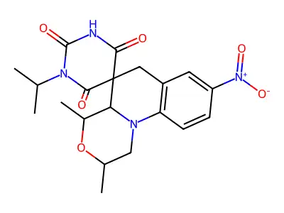 2',4'-dimethyl-8'-nitro-1-propan-2-ylspiro[1,3-diazinane-5,5'-2,4,4a,6-tetrahydro-1H-[1,4]oxazino[4,3-a]quinoline]-2,4,6-trione structure