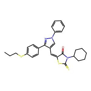 (5Z)-3-cyclohexyl-5-({1-phenyl-3-[4-(propylsulfanyl)phenyl]-1H-pyrazol-4-yl}methylidene)-2-thioxo-1,3-thiazolidin-4-one structure