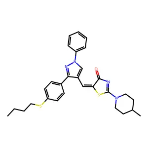 (5Z)-5-({3-[4-(butylsulfanyl)phenyl]-1-phenyl-1H-pyrazol-4-yl}methylidene)-2-(4-methylpiperidin-1-yl)-1,3-thiazol-4(5H)-one structure