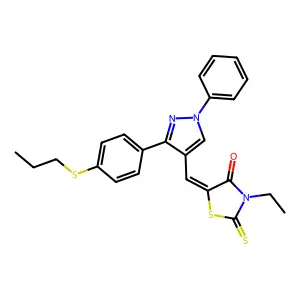 (5Z)-3-ethyl-5-({1-phenyl-3-[4-(propylsulfanyl)phenyl]-1H-pyrazol-4-yl}methylidene)-2-thioxo-1,3-thiazolidin-4-one structure