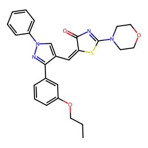 (Z)-2-morpholino-5-((1-phenyl-3-(3-propoxyphenyl)-1H-pyrazol-4-yl)methylene)thiazol-4(5H)-one structure