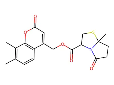(7,8-dimethyl-2-oxochromen-4-yl)methyl 7a-methyl-5-oxo-2,3,6,7-tetrahydropyrrolo[2,1-b][1,3]thiazole-3-carboxylate structure