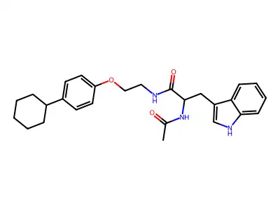 2-acetamido-N-[2-(4-cyclohexylphenoxy)ethyl]-3-(1H-indol-3-yl)propanamide structure