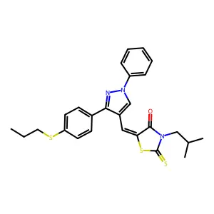(5Z)-3-(2-methylpropyl)-5-({1-phenyl-3-[4-(propylsulfanyl)phenyl]-1H-pyrazol-4-yl}methylidene)-2-thioxo-1,3-thiazolidin-4-one structure