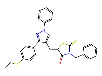 (5Z)-3-benzyl-5-({3-[4-(ethylsulfanyl)phenyl]-1-phenyl-1H-pyrazol-4-yl}methylidene)-2-thioxo-1,3-thiazolidin-4-one structure
