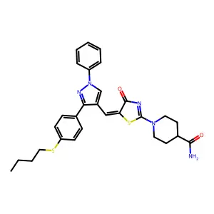 1-[(5Z)-5-({3-[4-(butylsulfanyl)phenyl]-1-phenyl-1H-pyrazol-4-yl}methylidene)-4-oxo-4,5-dihydro-1,3-thiazol-2-yl]piperidine-4-carboxamide structure