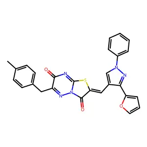 (2Z)-2-{[3-(furan-2-yl)-1-phenyl-1H-pyrazol-4-yl]methylidene}-6-(4-methylbenzyl)-7H-[1,3]thiazolo[3,2-b][1,2,4]triazine-3,7(2H)-dione structure
