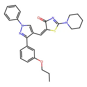 (Z)-5-((1-phenyl-3-(3-propoxyphenyl)-1H-pyrazol-4-yl)methylene)-2-(piperidin-1-yl)thiazol-4(5H)-one structure