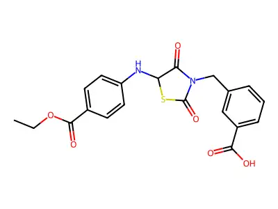 3-[(5-{[4-(ethoxycarbonyl)phenyl]amino}-2,4-dioxo-1,3-thiazolidin-3-yl)methyl]benzoic acid structure