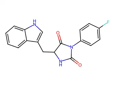 3-(4-fluorophenyl)-5-(1H-indol-3-ylmethyl)imidazolidine-2,4-dione structure