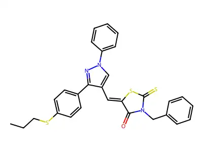 (5Z)-3-benzyl-5-({1-phenyl-3-[4-(propylsulfanyl)phenyl]-1H-pyrazol-4-yl}methylidene)-2-thioxo-1,3-thiazolidin-4-one structure