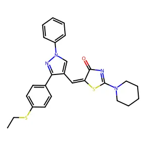 5-((Z)-1-{3-[4-(ethylsulfanyl)phenyl]-1-phenyl-1H-pyrazol-4-yl}methylidene)-2-piperidino-1,3-thiazol-4-one structure