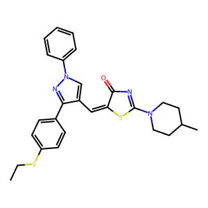 5-((Z)-1-{3-[4-(ethylsulfanyl)phenyl]-1-phenyl-1H-pyrazol-4-yl}methylidene)-2-(4-methylpiperidino)-1,3-thiazol-4-one structure