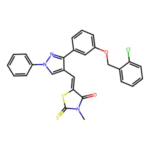 (5Z)-5-[(3-{3-[(2-chlorobenzyl)oxy]phenyl}-1-phenyl-1H-pyrazol-4-yl)methylidene]-3-methyl-2-thioxo-1,3-thiazolidin-4-one structure