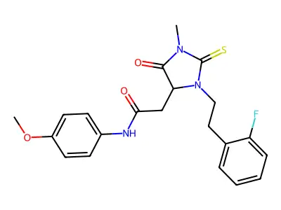 2-[3-[2-(2-fluorophenyl)ethyl]-1-methyl-5-oxo-2-sulfanylideneimidazolidin-4-yl]-N-(4-methoxyphenyl)acetamide structure
