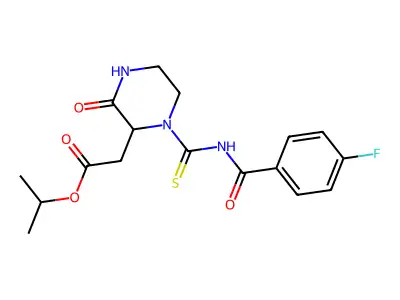 Isopropyl (1-{[(4-fluorobenzoyl)amino]carbonothioyl}-3-oxo-2-piperazinyl)acetate structure