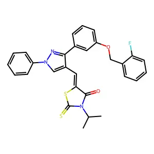 (5Z)-5-[(3-{3-[(2-fluorobenzyl)oxy]phenyl}-1-phenyl-1H-pyrazol-4-yl)methylidene]-3-(propan-2-yl)-2-thioxo-1,3-thiazolidin-4-one structure