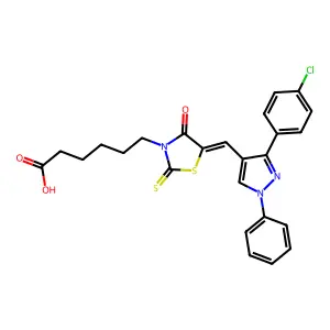 6-[(5Z)-5-{[3-(4-chlorophenyl)-1-phenyl-1H-pyrazol-4-yl]methylidene}-4-oxo-2-thioxo-1,3-thiazolidin-3-yl]hexanoic acid structure