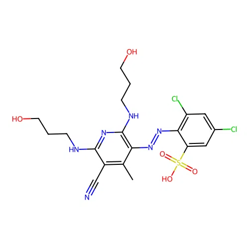 3,5-Dichloro-2-[2-[5-cyano-2,6-bis[(3-hydroxypropyl)amino]-4-methyl-3-pyridinyl]diazenyl]benzenesulfonic acid structure