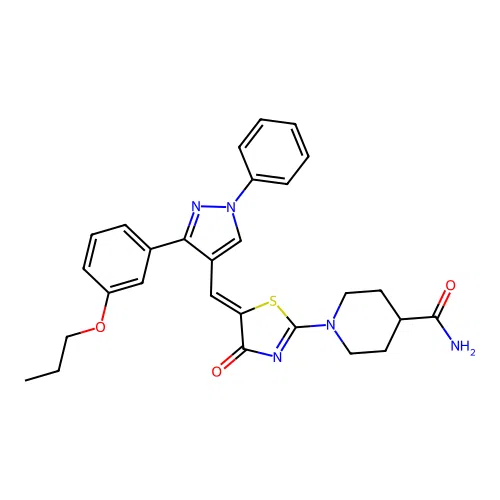 (Z)-1-(4-oxo-5-((1-phenyl-3-(3-propoxyphenyl)-1H-pyrazol-4-yl)methylene)-4,5-dihydrothiazol-2-yl)piperidine-4-carboxamide structure