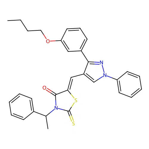 (5Z)-5-{[3-(3-butoxyphenyl)-1-phenyl-1H-pyrazol-4-yl]methylidene}-3-(1-phenylethyl)-2-thioxo-1,3-thiazolidin-4-one structure