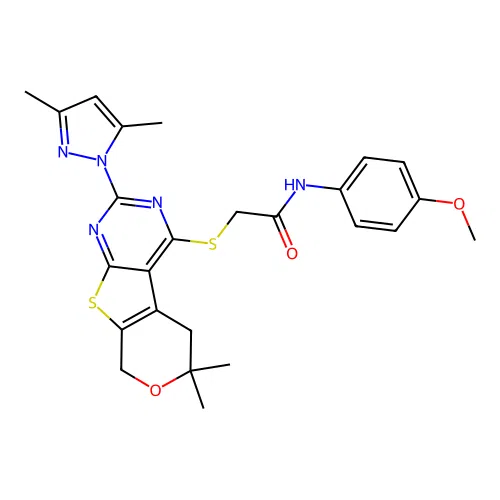 2-((2-(3,5-dimethyl-1H-pyrazol-1-yl)-6,6-dimethyl-6,8-dihydro-5H-pyrano[4',3':4,5]thieno[2,3-d]pyrimidin-4-yl)thio)-N-(4-methoxyphenyl)acetamide structure