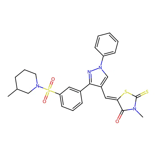 (5Z)-3-methyl-5-[(3-{3-[(3-methylpiperidin-1-yl)sulfonyl]phenyl}-1-phenyl-1H-pyrazol-4-yl)methylidene]-2-thioxo-1,3-thiazolidin-4-one structure