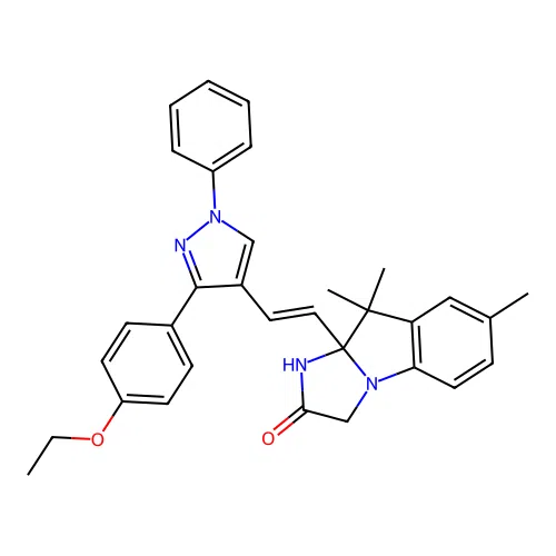 (E)-9a-(2-(3-(4-ethoxyphenyl)-1-phenyl-1H-pyrazol-4-yl)vinyl)-7,9,9-trimethyl-9,9a-dihydro-1H-imidazo[1,2-a]indol-2(3H)-one structure