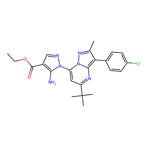 ethyl 5-amino-1-(5-(tert-butyl)-3-(4-chlorophenyl)-2-methylpyrazolo[1,5-a]pyrimidin-7-yl)-1H-pyrazole-4-carboxylate structure