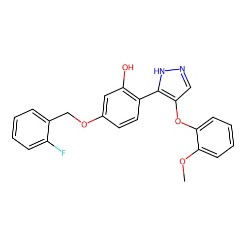 5-[(2-fluorobenzyl)oxy]-2-[4-(2-methoxyphenoxy)-1H-pyrazol-5-yl]phenol structure