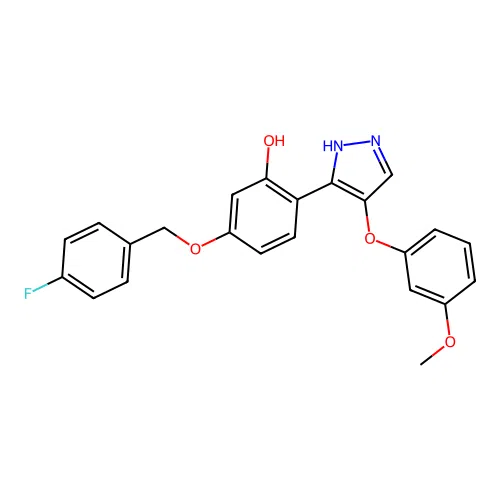 5-[(4-fluorobenzyl)oxy]-2-[4-(3-methoxyphenoxy)-1H-pyrazol-3-yl]phenol structure