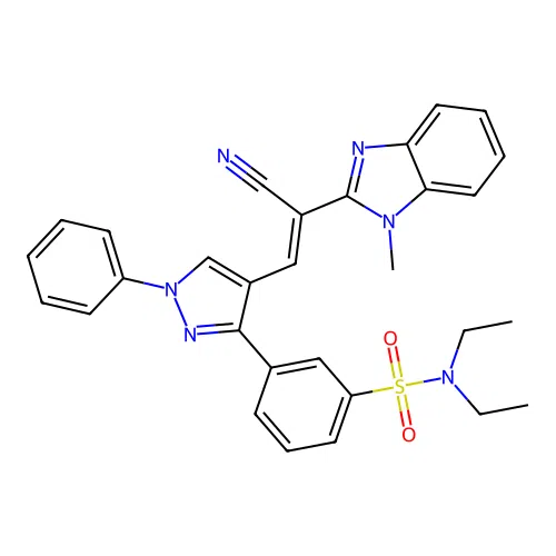 (E)-3-(4-(2-cyano-2-(1-methyl-1H-benzo[d]imidazol-2-yl)vinyl)-1-phenyl-1H-pyrazol-3-yl)-N,N-diethylbenzenesulfonamide structure