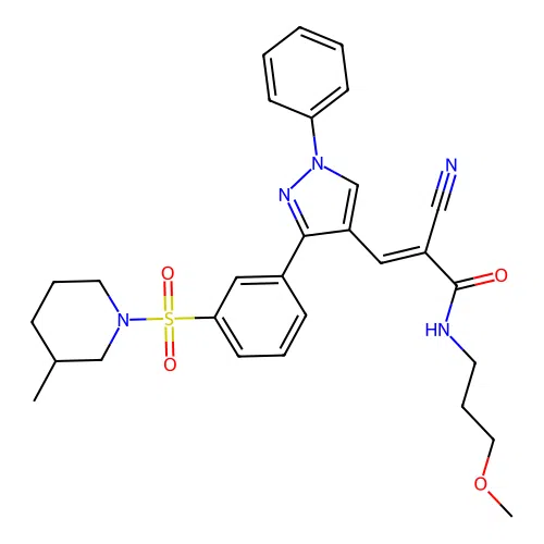 (2E)-2-cyano-N-(3-methoxypropyl)-3-(3-{3-[(3-methylpiperidin-1-yl)sulfonyl]phenyl}-1-phenyl-1H-pyrazol-4-yl)prop-2-enamide structure