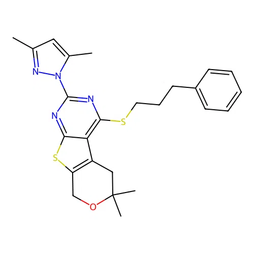 2-(3,5-dimethyl-1H-pyrazol-1-yl)-6,6-dimethyl-4-((3-phenylpropyl)thio)-6,8-dihydro-5H-pyrano[4',3':4,5]thieno[2,3-d]pyrimidine structure