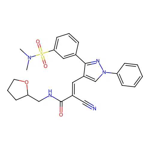 (E)-2-cyano-3-(3-(3-(N,N-dimethylsulfamoyl)phenyl)-1-phenyl-1H-pyrazol-4-yl)-N-((tetrahydrofuran-2-yl)methyl)acrylamide structure