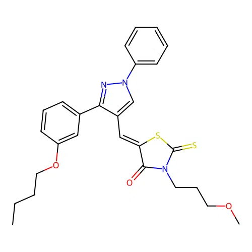 (5Z)-5-{[3-(3-butoxyphenyl)-1-phenyl-1H-pyrazol-4-yl]methylidene}-3-(3-methoxypropyl)-2-thioxo-1,3-thiazolidin-4-one structure