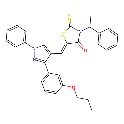 (5Z)-3-(1-phenylethyl)-5-{[1-phenyl-3-(3-propoxyphenyl)-1H-pyrazol-4-yl]methylidene}-2-thioxo-1,3-thiazolidin-4-one structure