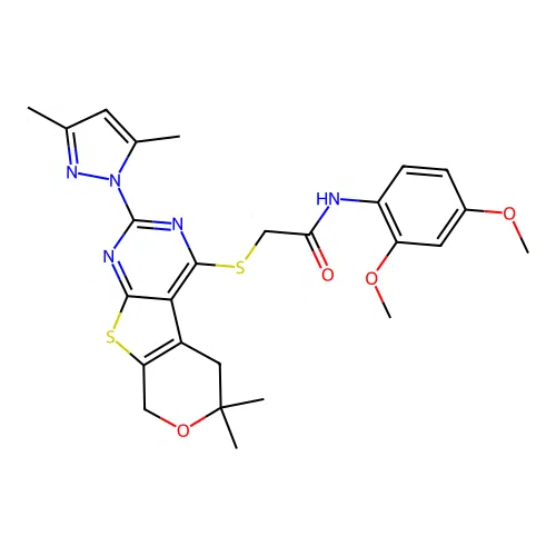N-(2,4-dimethoxyphenyl)-2-((2-(3,5-dimethyl-1H-pyrazol-1-yl)-6,6-dimethyl-6,8-dihydro-5H-pyrano[4',3':4,5]thieno[2,3-d]pyrimidin-4-yl)thio)acetamide structure