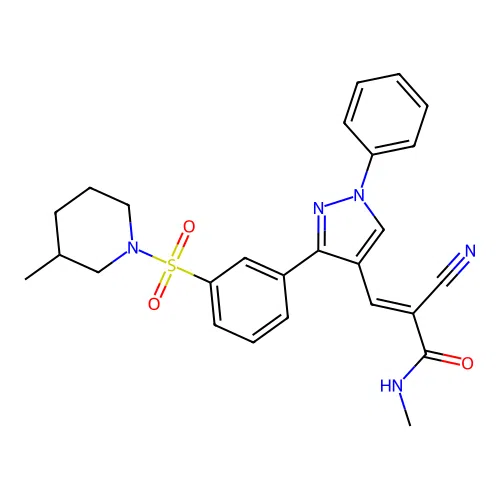 (2E)-2-cyano-N-methyl-3-(3-{3-[(3-methylpiperidin-1-yl)sulfonyl]phenyl}-1-phenyl-1H-pyrazol-4-yl)prop-2-enamide structure
