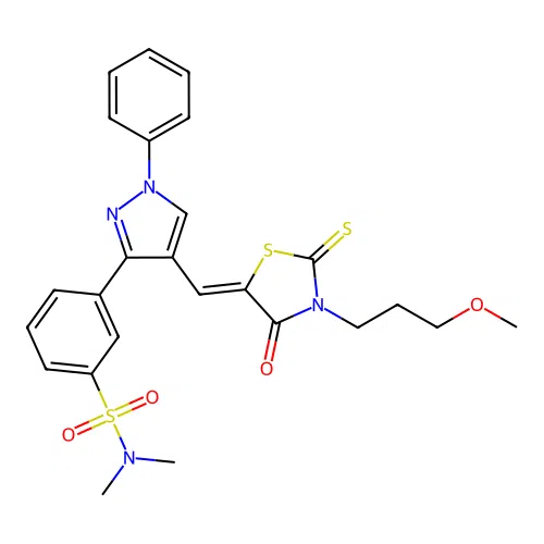 3-(4-{(Z)-[3-(3-methoxypropyl)-4-oxo-2-thioxo-1,3-thiazolidin-5-ylidene]methyl}-1-phenyl-1H-pyrazol-3-yl)-N,N-dimethylbenzenesulfonamide structure